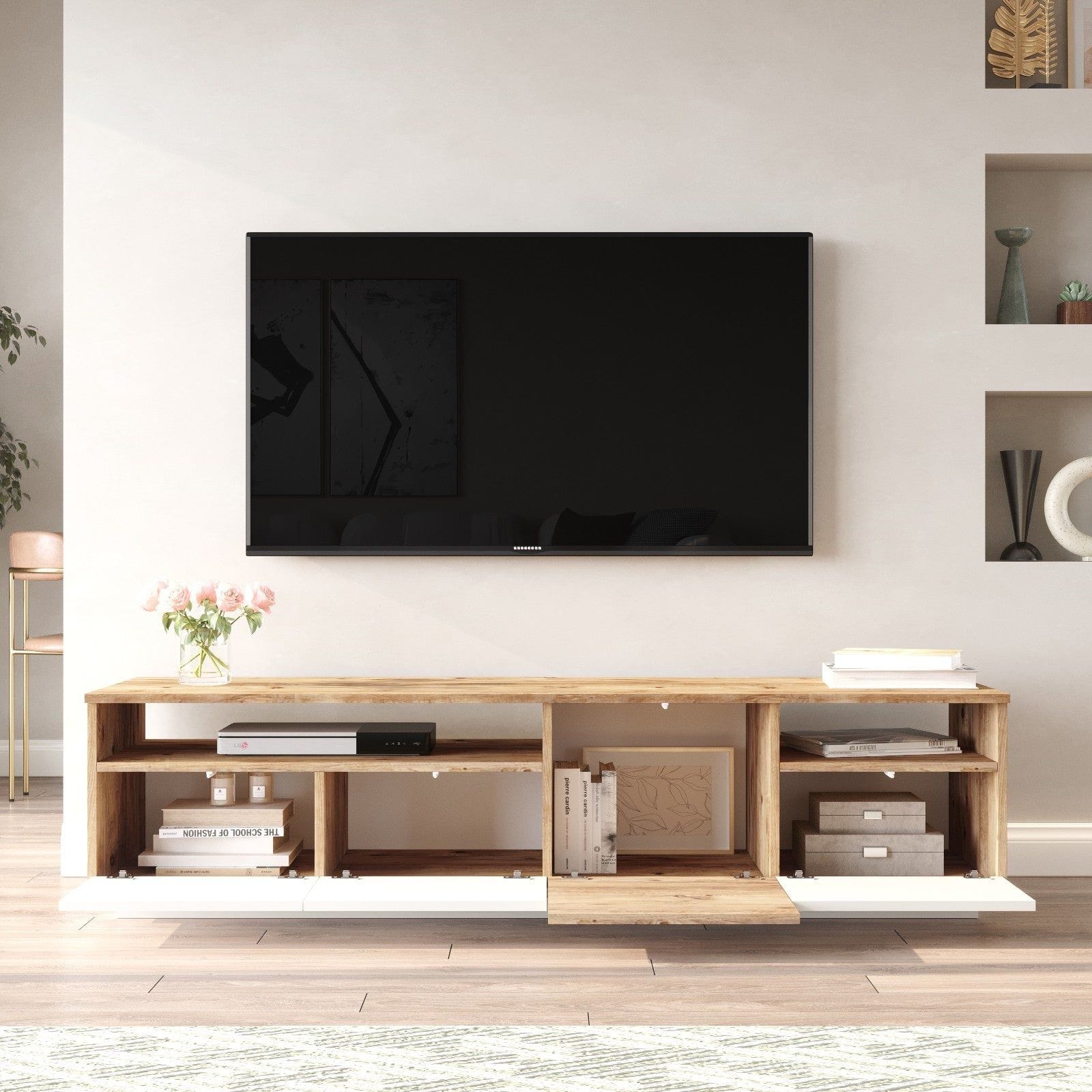 Comoda TV FR5 - AW, alb/stejar, PAL melaminat, 180x45x45 cm