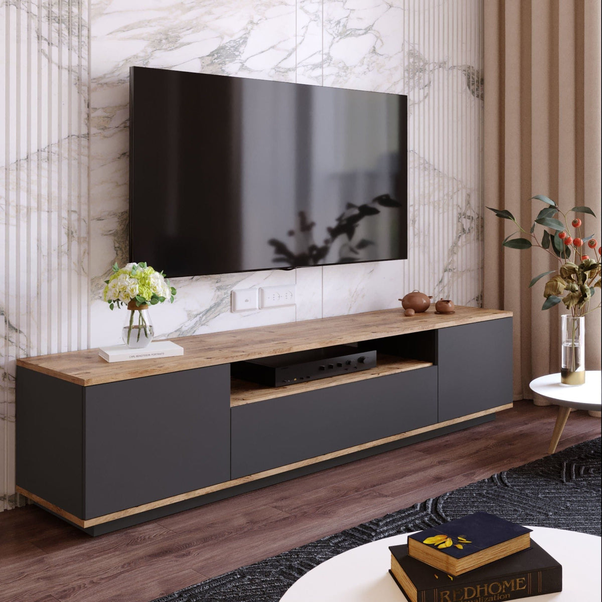 Comoda TV FR7 - AA, stejar/gri antracit, PAL melaminat, 180x45x45 cm