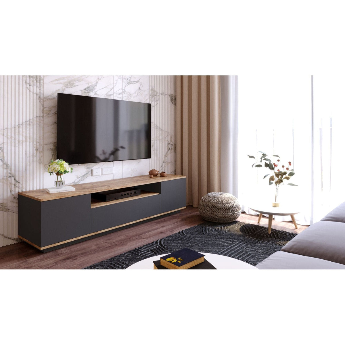 Comoda TV FR7 - AA, stejar/gri antracit, PAL melaminat, 180x45x45 cm