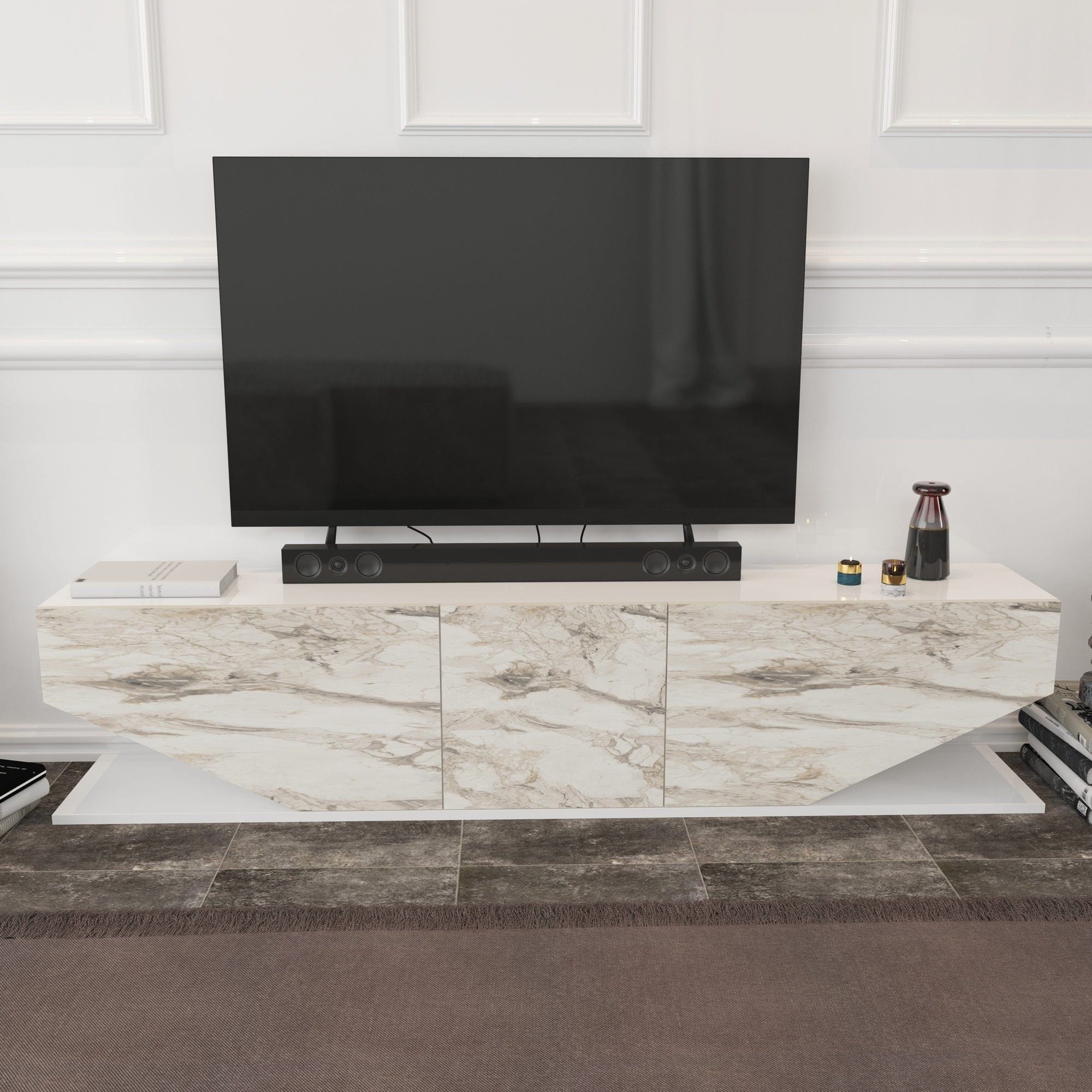 Comoda TV INCI, alb cu efect de marmura, PAL melaminat, 180x30x45 cm