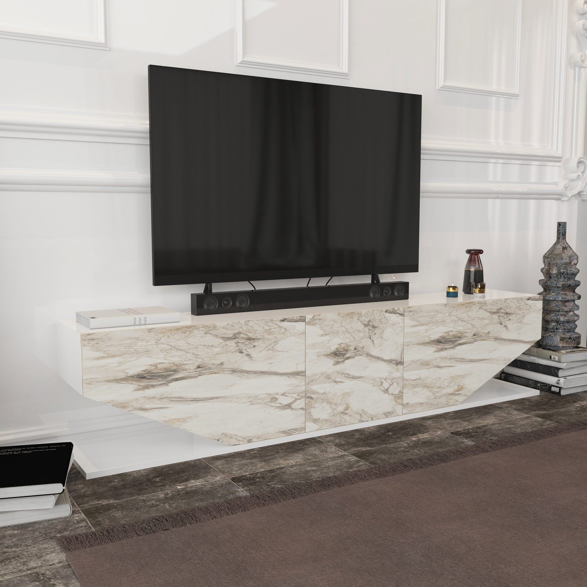 Comoda TV INCI, alb cu efect de marmura, PAL melaminat, 180x30x45 cm
