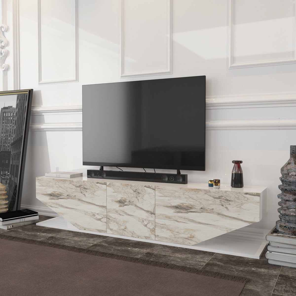 Comoda TV INCI, alb cu efect de marmura, PAL melaminat, 180x30x45 cm