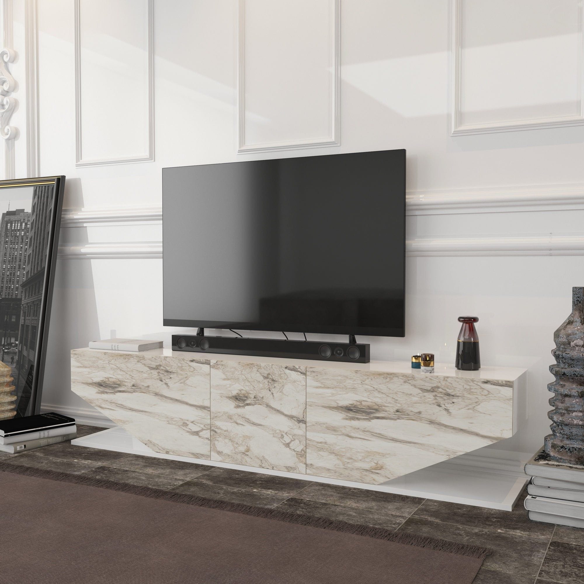 Comoda TV INCI, alb cu efect de marmura, PAL melaminat, 180x30x45 cm