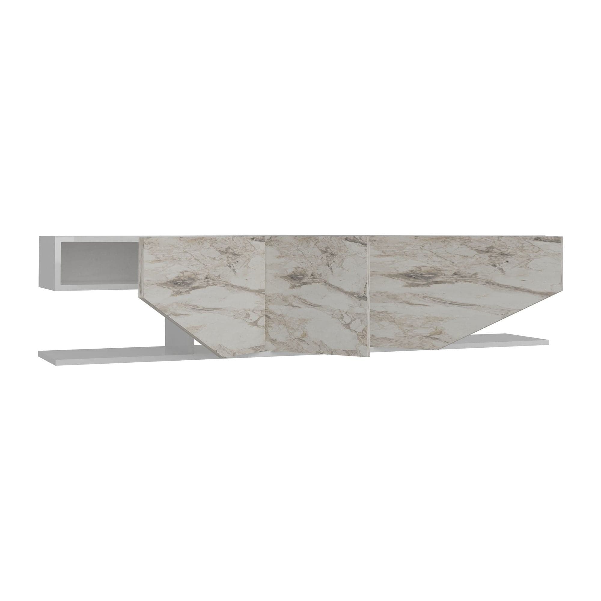 Comoda TV INCI, alb cu efect de marmura, PAL melaminat, 180x30x45 cm