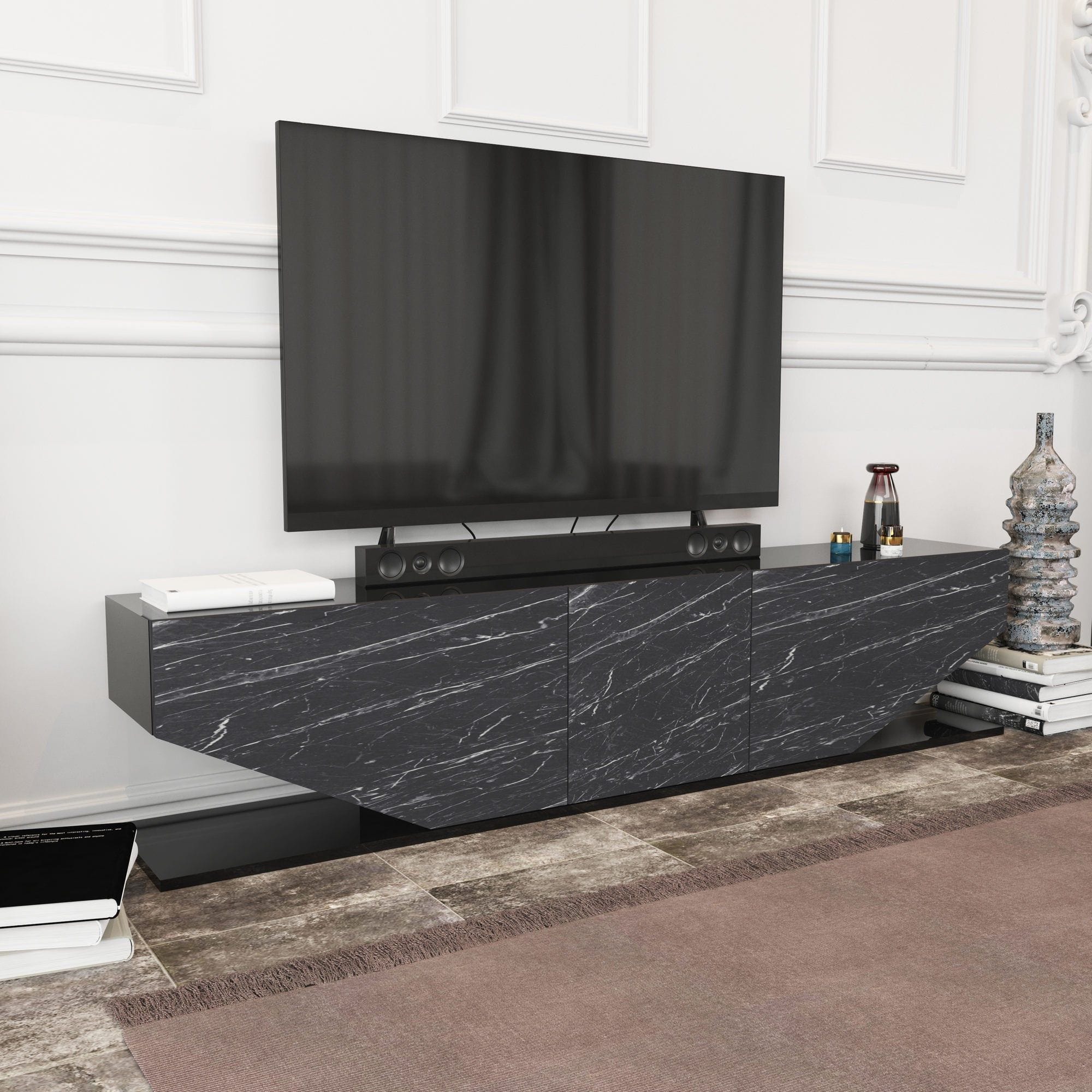 Comoda TV INCI, negru cu efect de marmura, PAL melaminat, 180x30x45 cm