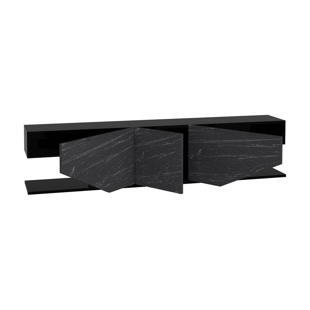 Comoda TV INCI, negru cu efect de marmura, PAL melaminat, 180x30x45 cm