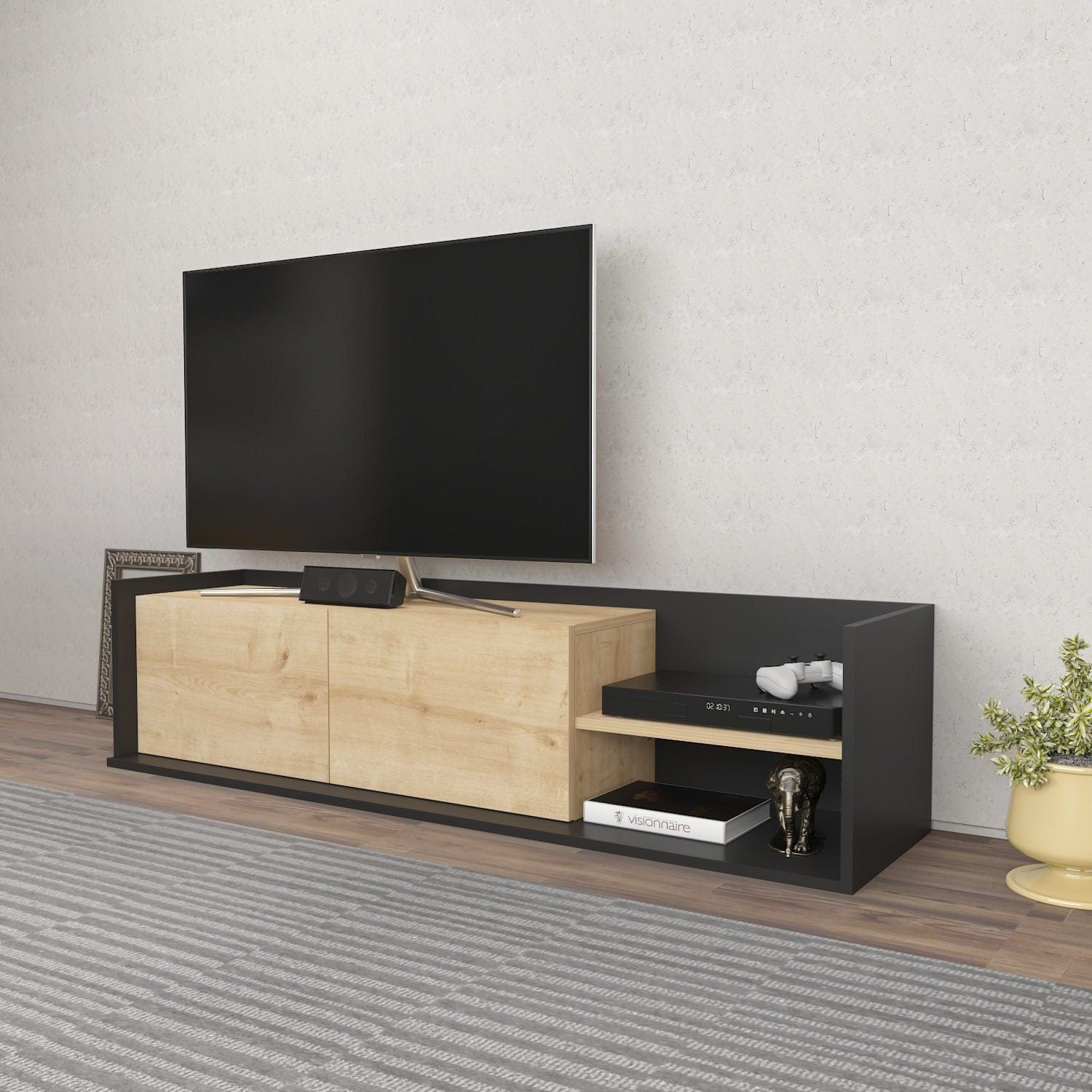 Comoda TV KROG, gri antracit/stejar, PAL melaminat, 160x35x37 cm