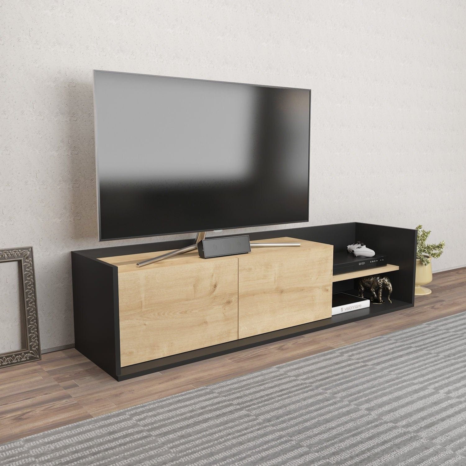 Comoda TV KROG, gri antracit/stejar, PAL melaminat, 160x35x37 cm