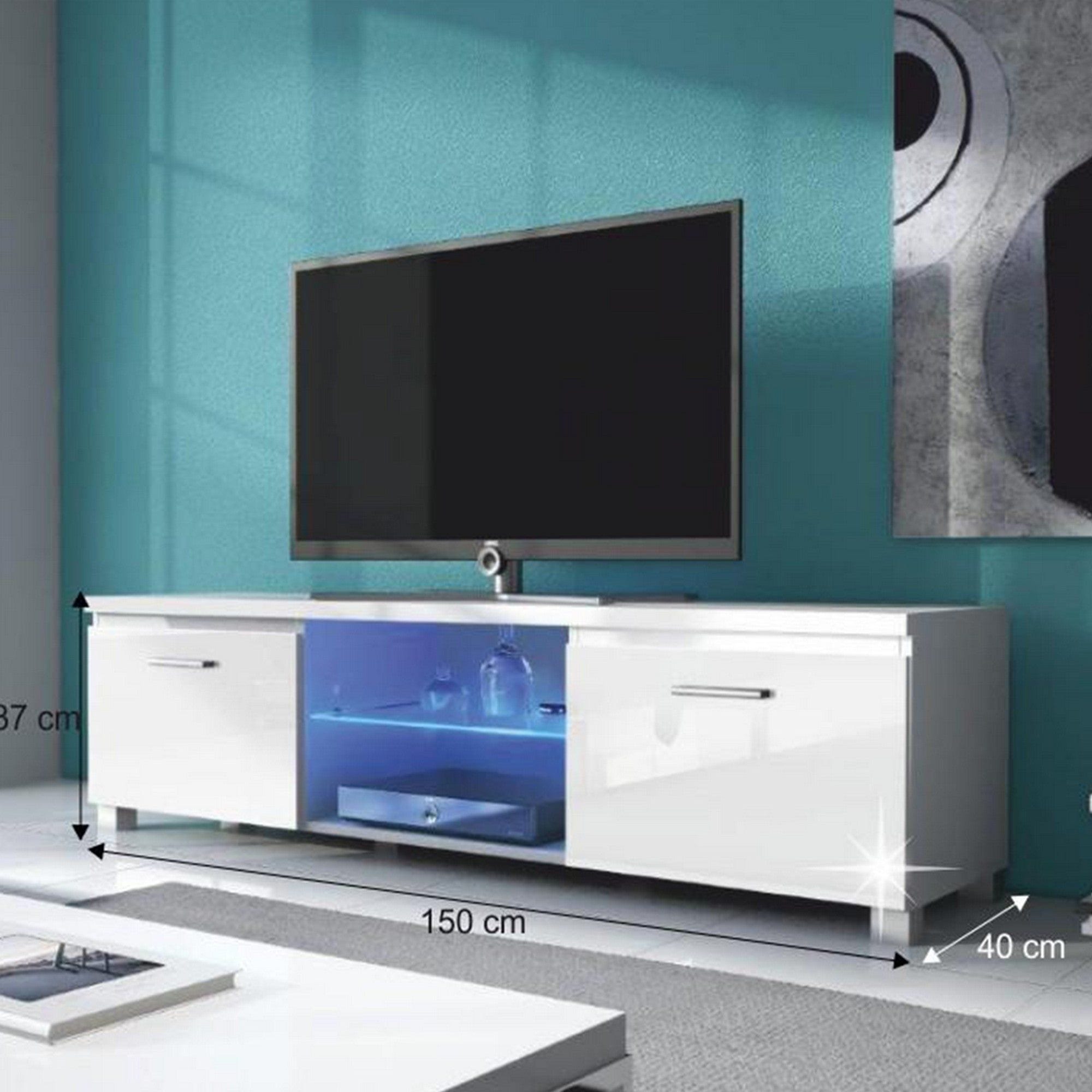 Comoda TV LUGO 3, alb/alb lucios, DTD laminat, cu iluminare LED, 150x40x37 cm