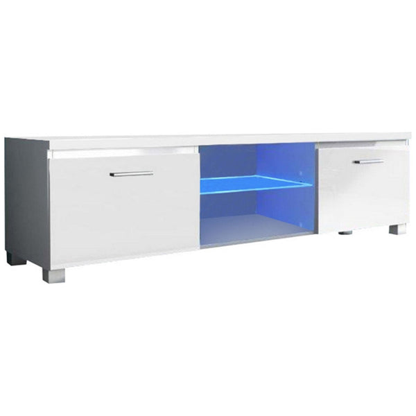 Comoda TV LUGO 3, alb/alb lucios, DTD laminat, cu iluminare LED, 150x40x37 cm