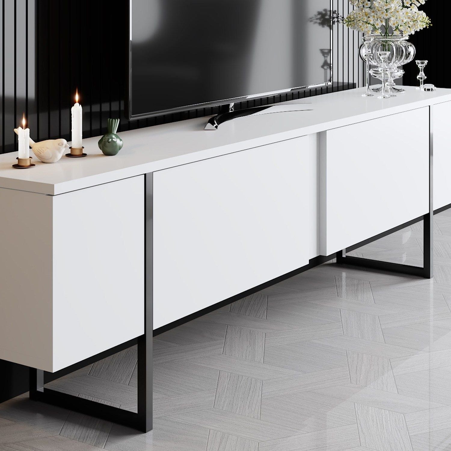 Comoda TV Luxe, alb/negru, PAL/metal, 180x30x50 cm