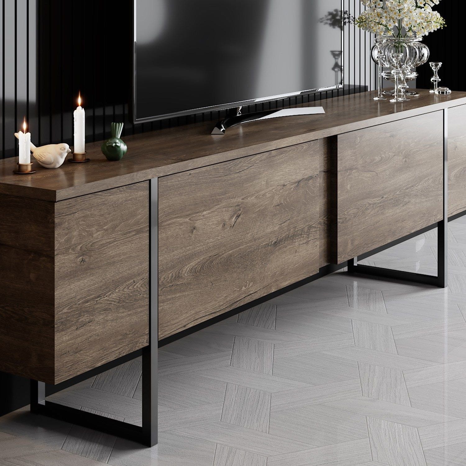 Comoda TV Luxe, nuc/negru, PAL/metal, 180x30x50 cm