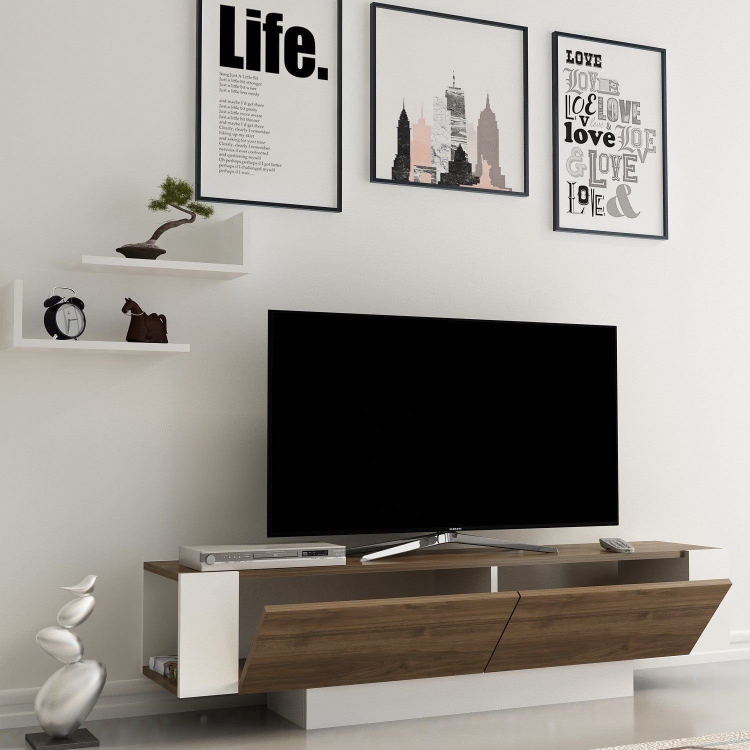 Comoda TV Matera, stejar inchis/alb, PAL melaminat, 150x32x42 cm