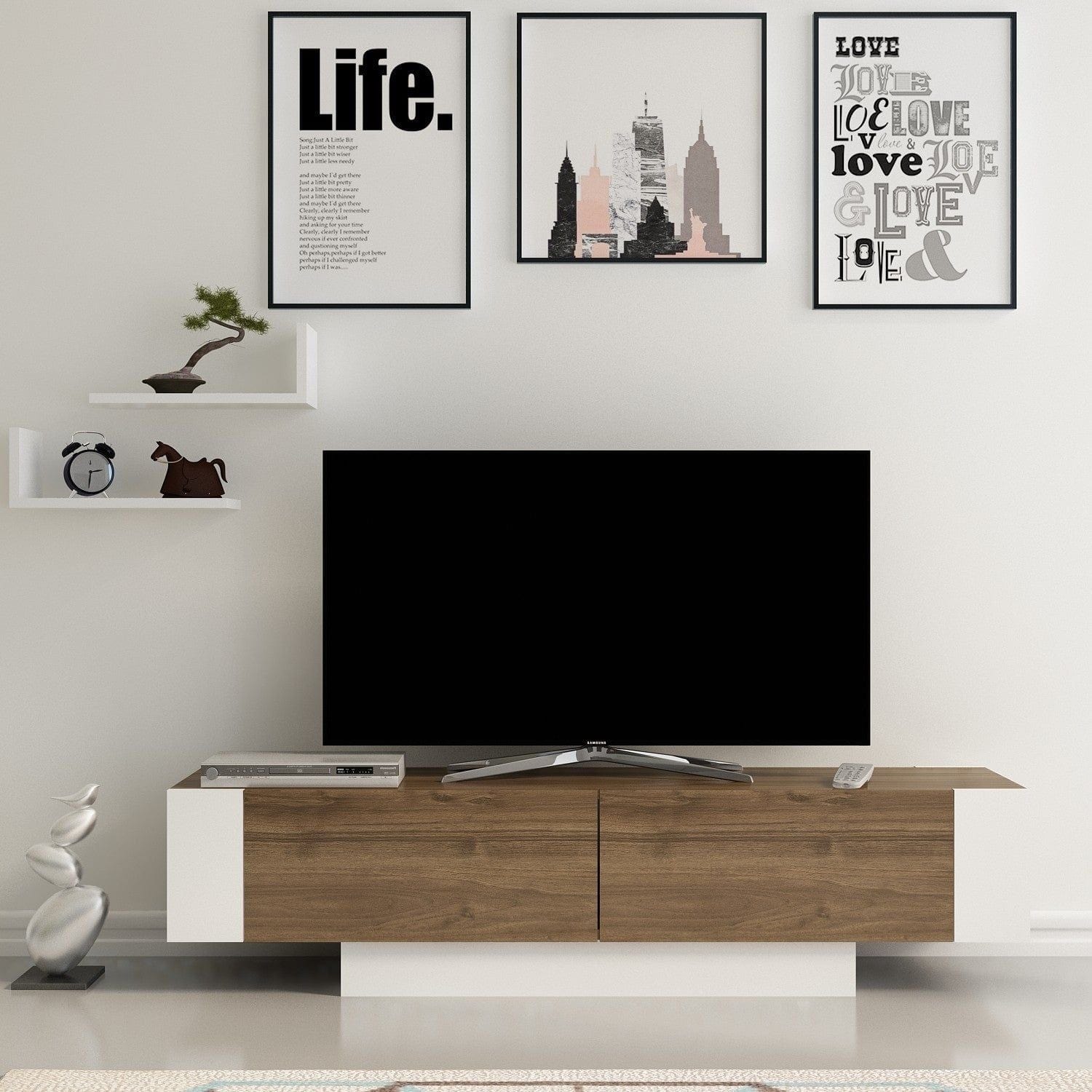 Comoda TV Matera, stejar inchis/alb, PAL melaminat, 150x32x42 cm