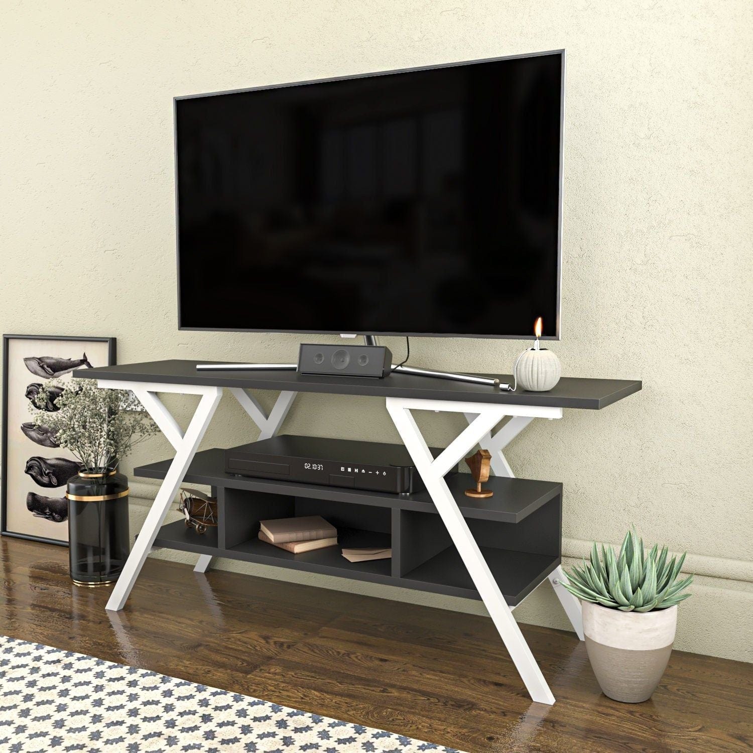 Comoda TV MINERVA, gri antracit/alb, PAL melaminat/metal, 120x35x55 cm