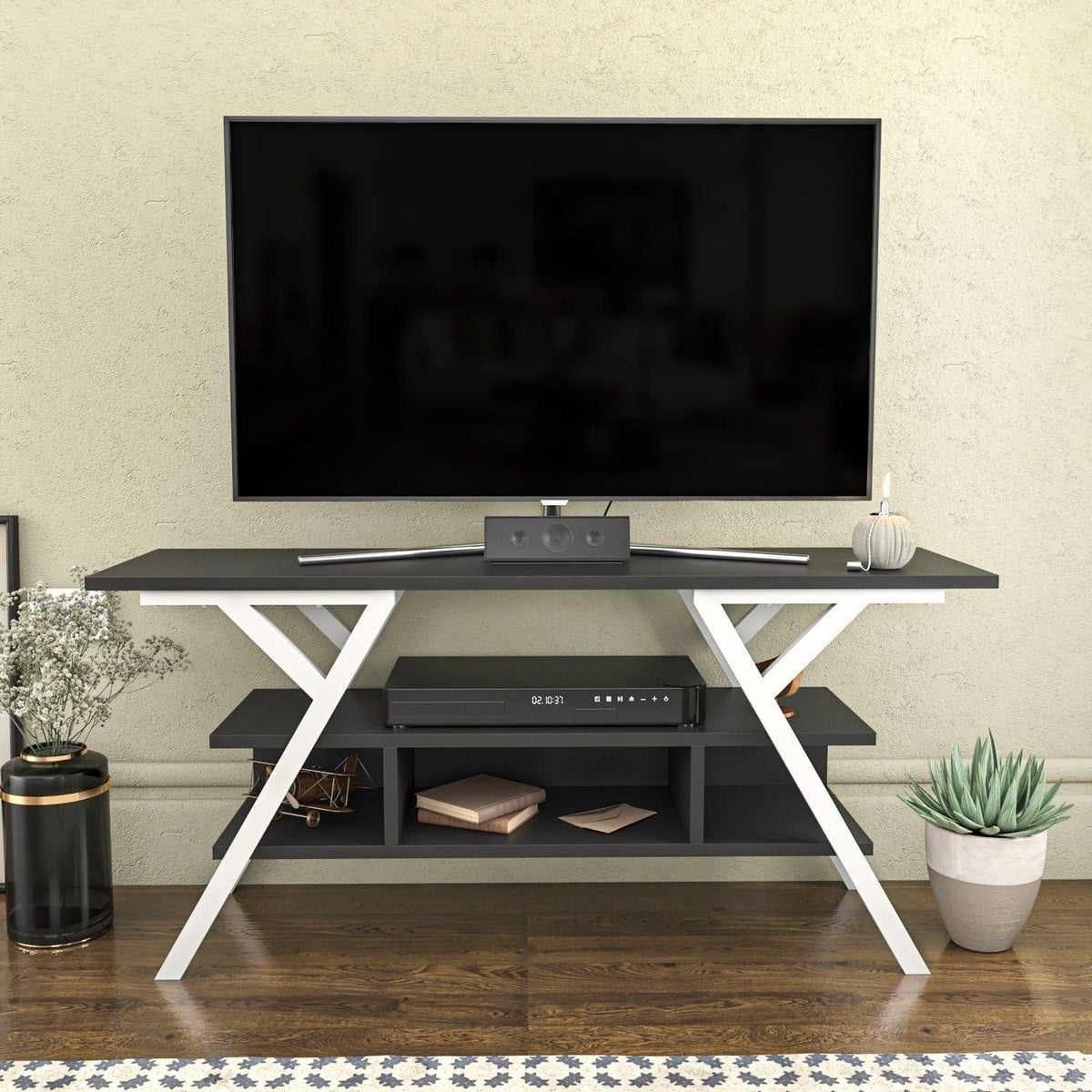 Comoda TV MINERVA, gri antracit/alb, PAL melaminat/metal, 120x35x55 cm