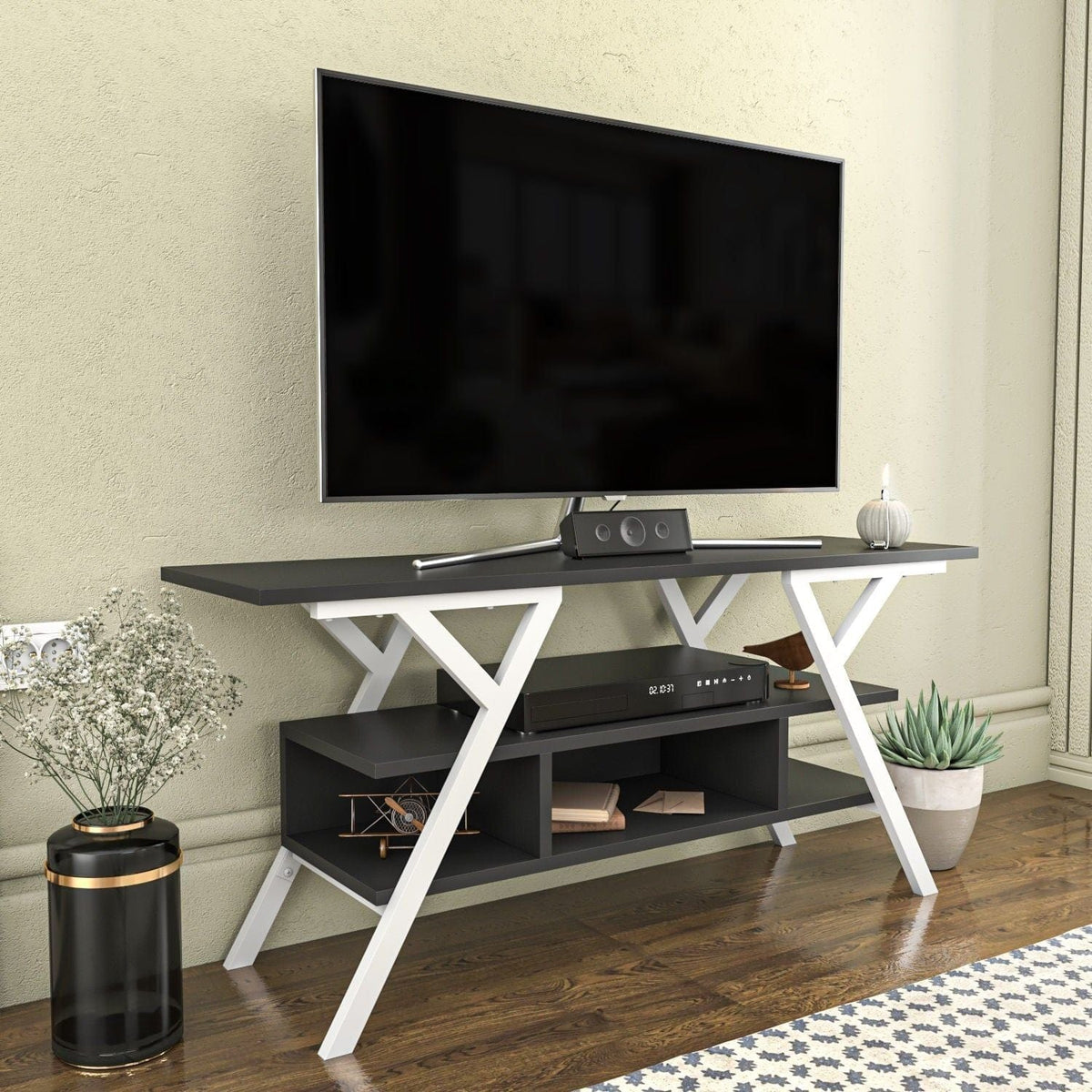 Comoda TV MINERVA, gri antracit/alb, PAL melaminat/metal, 120x35x55 cm