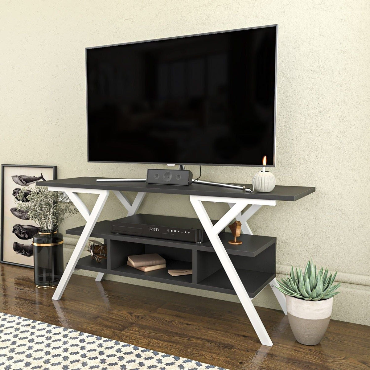 Comoda TV MINERVA, gri antracit/alb, PAL melaminat/metal, 120x35x55 cm