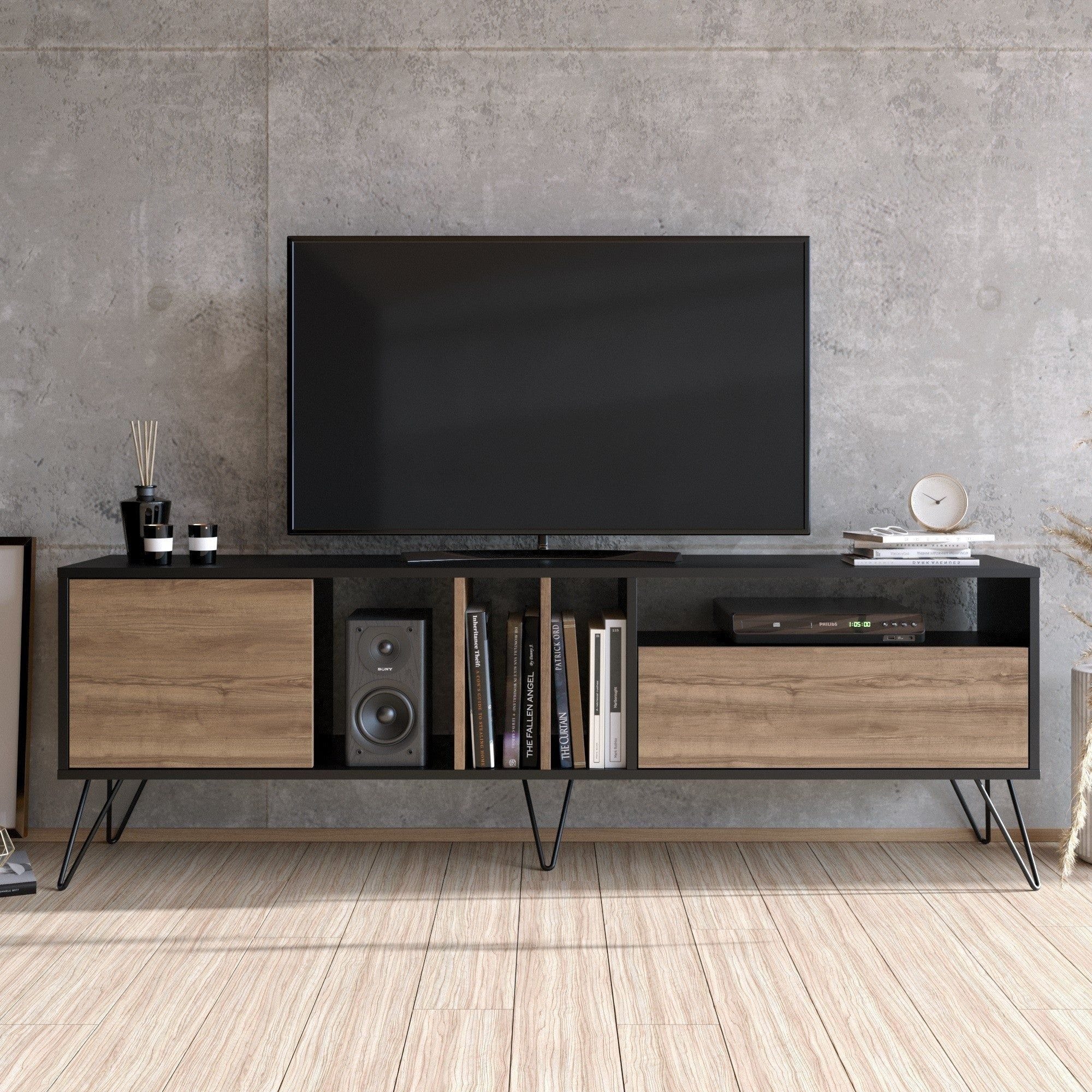 Comoda TV Mistico, alun/negru, PAL melaminat/metal, 180x36x59 cm