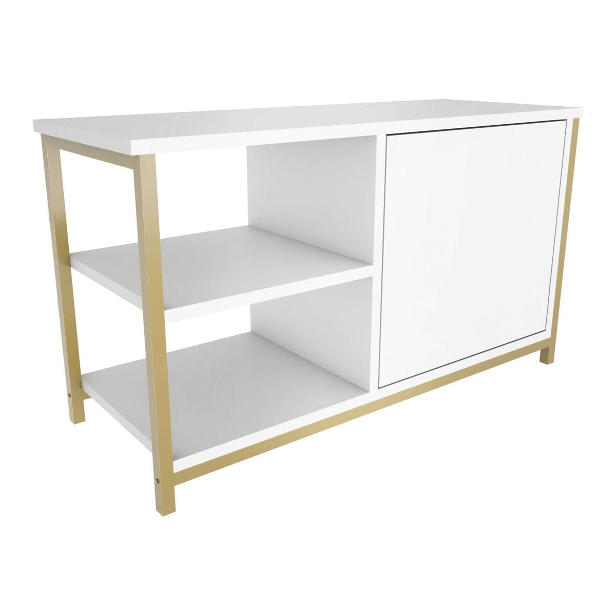 Comoda TV MUSKEGON, alb/auriu, PAL melaminat/metal, 90x35x51 cm