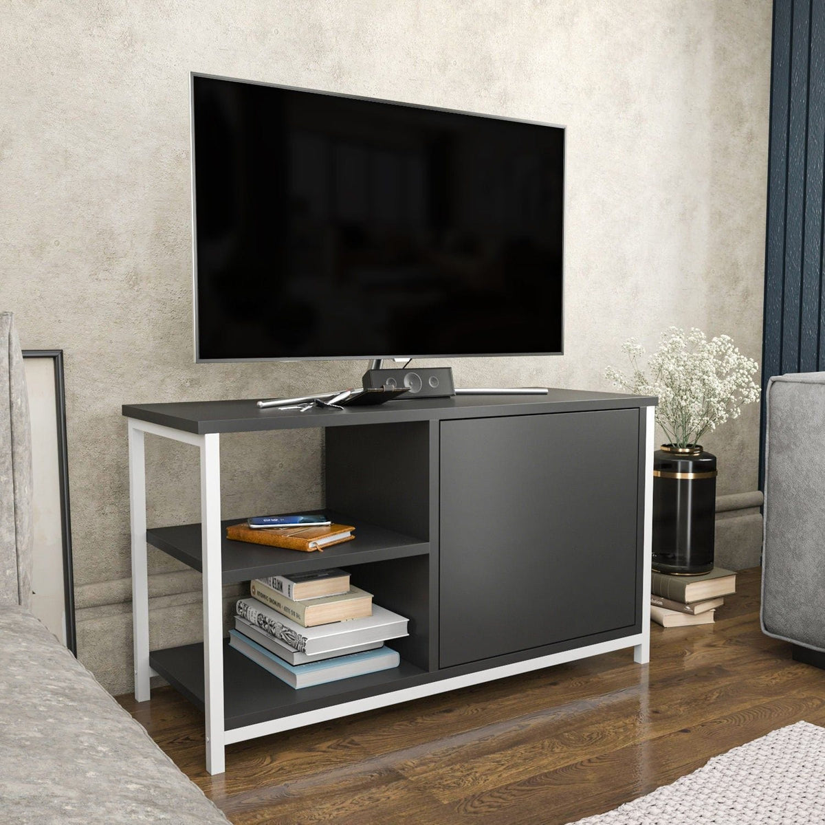 Comoda TV MUSKEGON, alb/gri antracit, PAL melaminat/metal, 90x35x51 cm