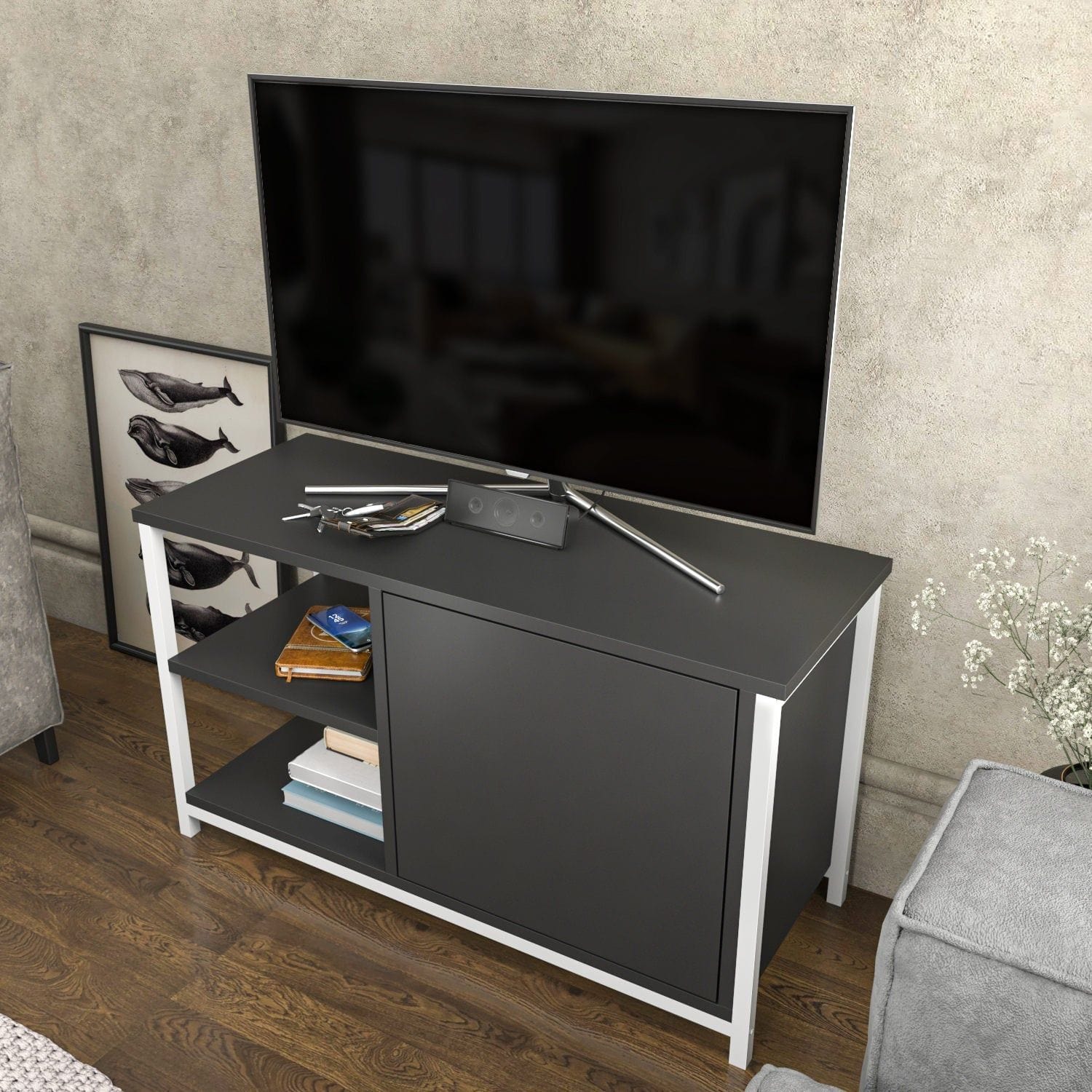 Comoda TV MUSKEGON, alb/gri antracit, PAL melaminat/metal, 90x35x51 cm