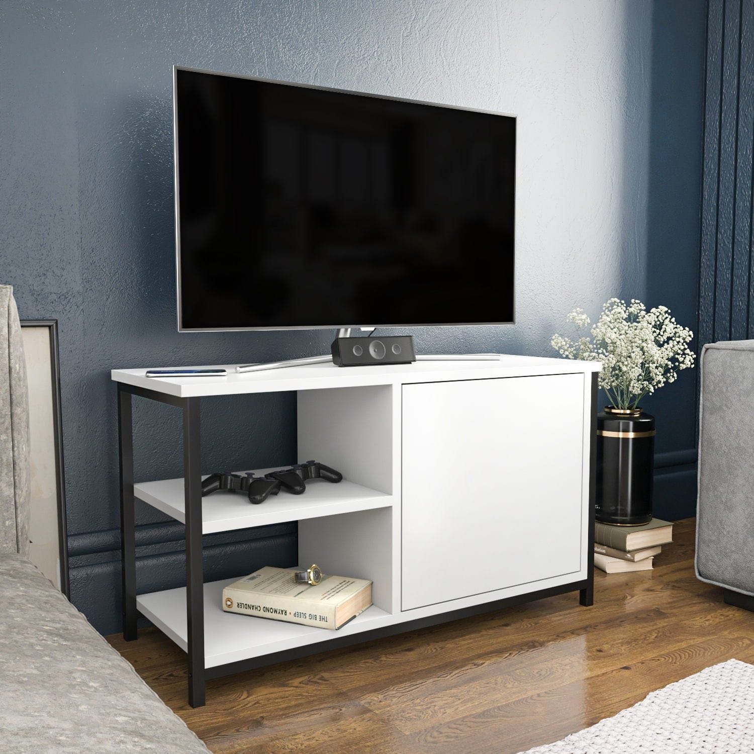 Comoda TV MUSKEGON, alb/negru, PAL melaminat/metal, 90x35x51 cm