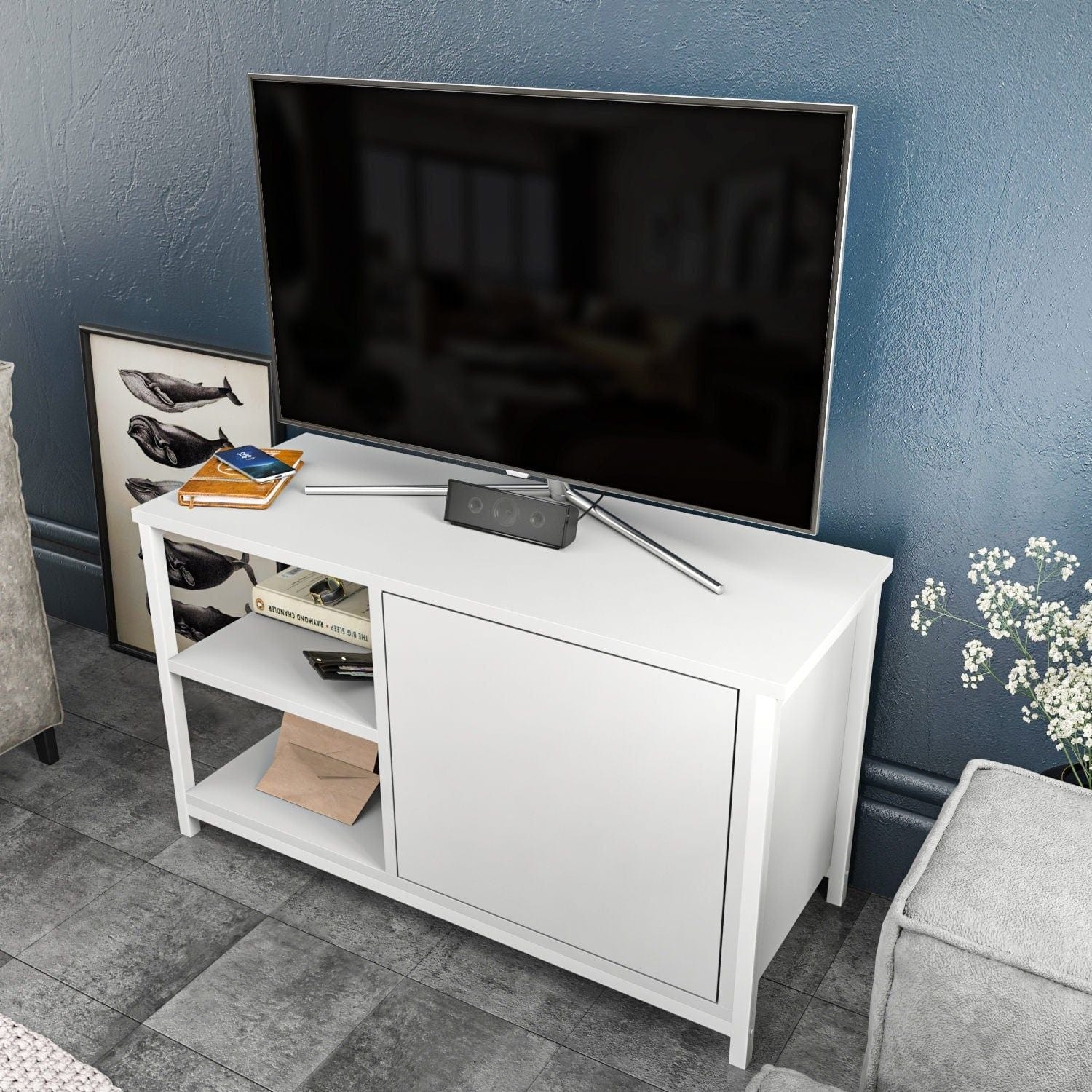Comoda TV MUSKEGON, alb, PAL melaminat/metal, 90x35x51 cm