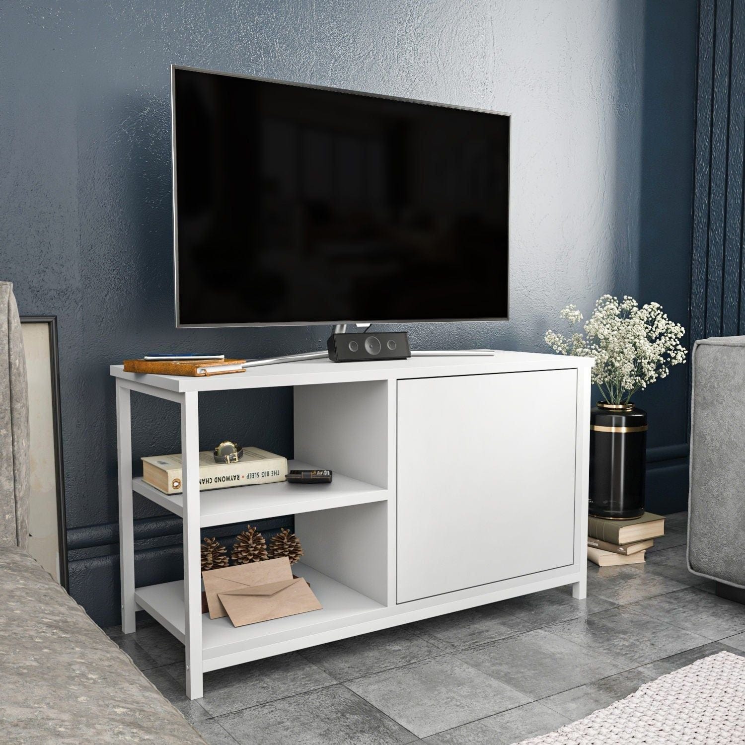 Comoda TV MUSKEGON, alb, PAL melaminat/metal, 90x35x51 cm