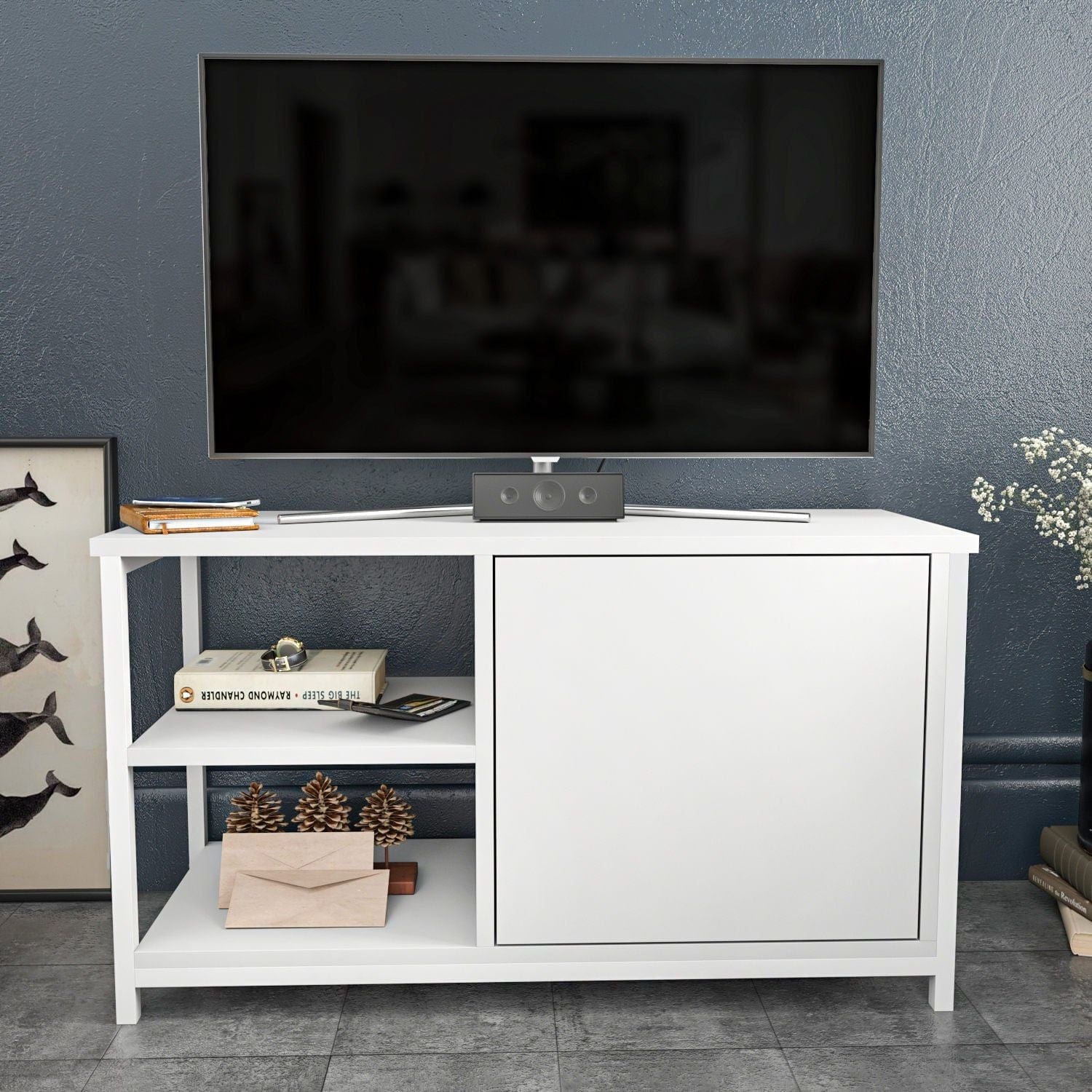 Comoda TV MUSKEGON, alb, PAL melaminat/metal, 90x35x51 cm