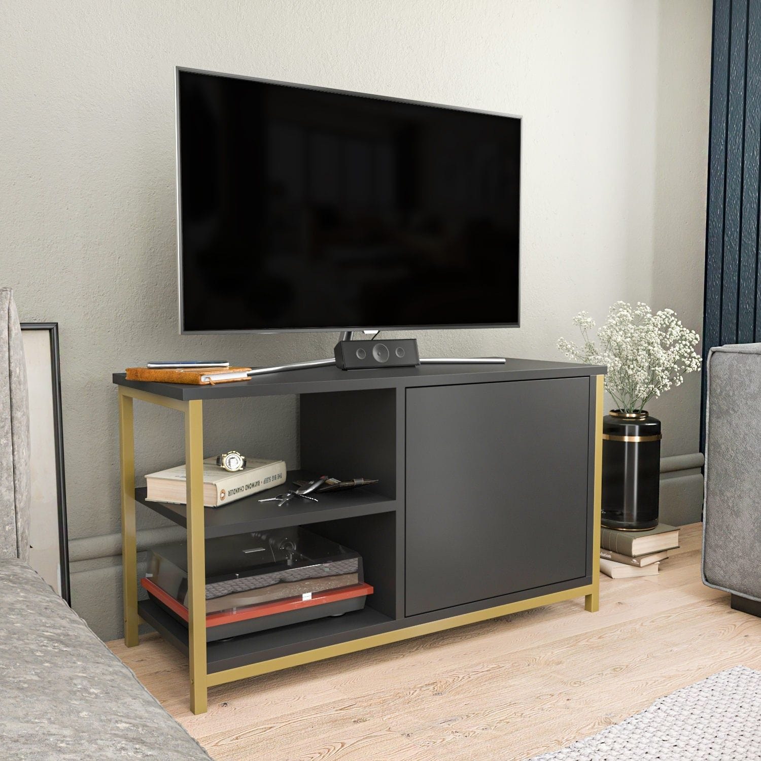 Comoda TV MUSKEGON, auriu/gri antracit, PAL melaminat/metal, 90x35x51 cm