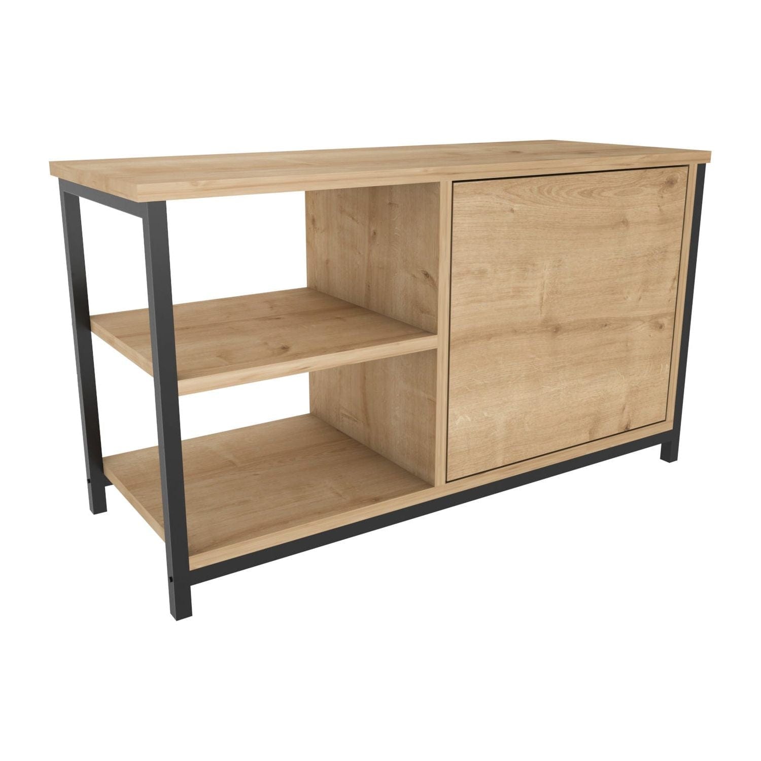 Comoda TV MUSKEGON, negru/stejar, PAL melaminat/metal, 90x35x51 cm