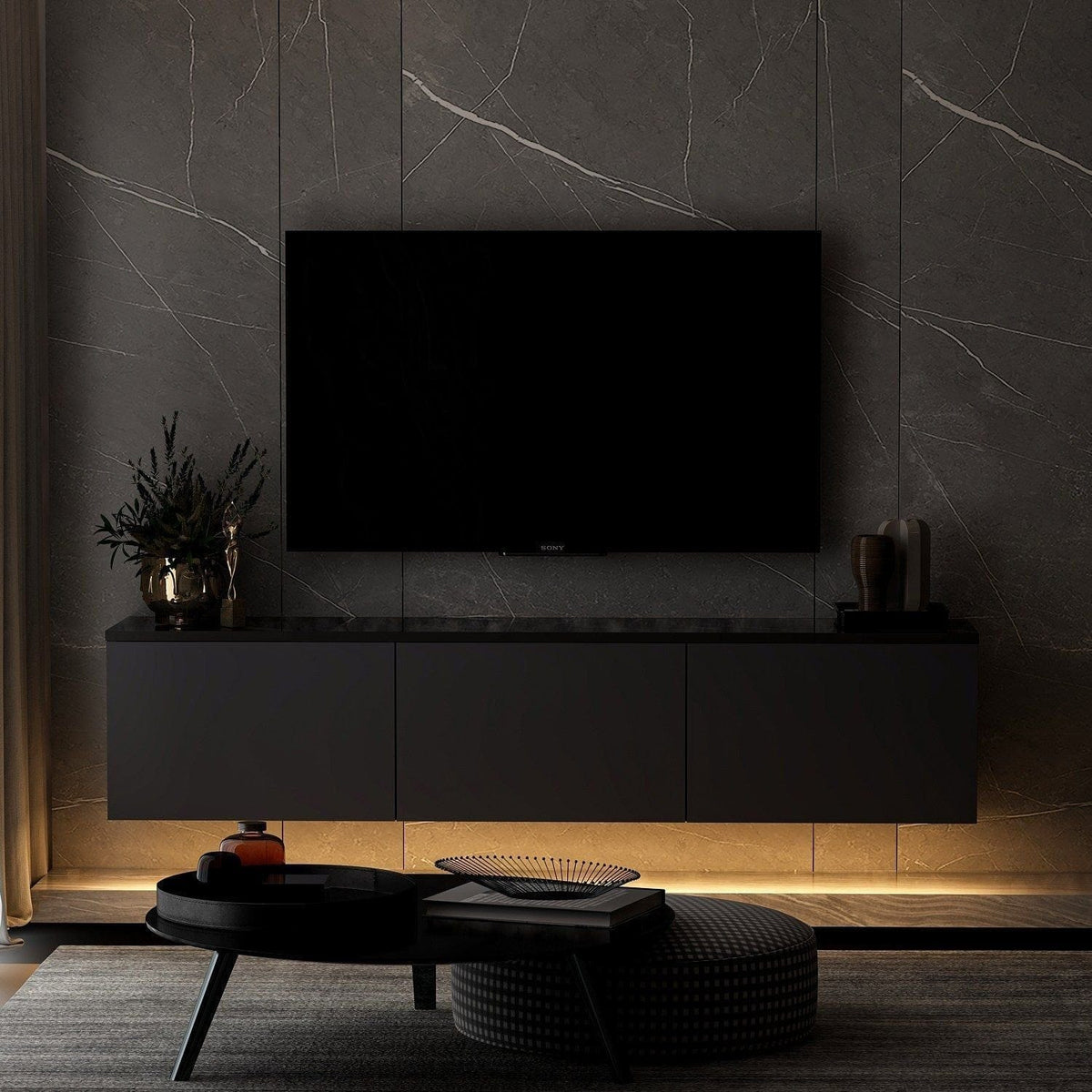Comoda TV NEON ILLUMINATED, gri antracit, PAL melaminat, 160x32x35 cm
