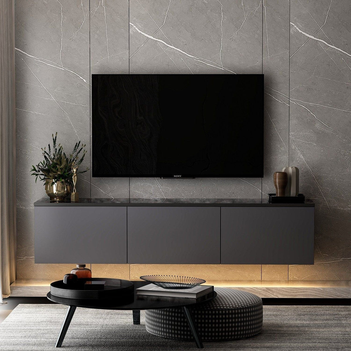 Comoda TV NEON ILLUMINATED, gri antracit, PAL melaminat, 160x32x35 cm