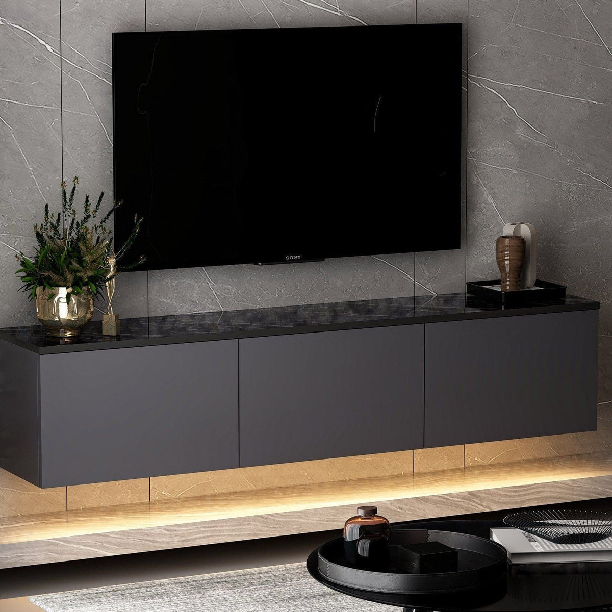 Comoda TV NEON ILLUMINATED, gri antracit, PAL melaminat, 160x32x35 cm