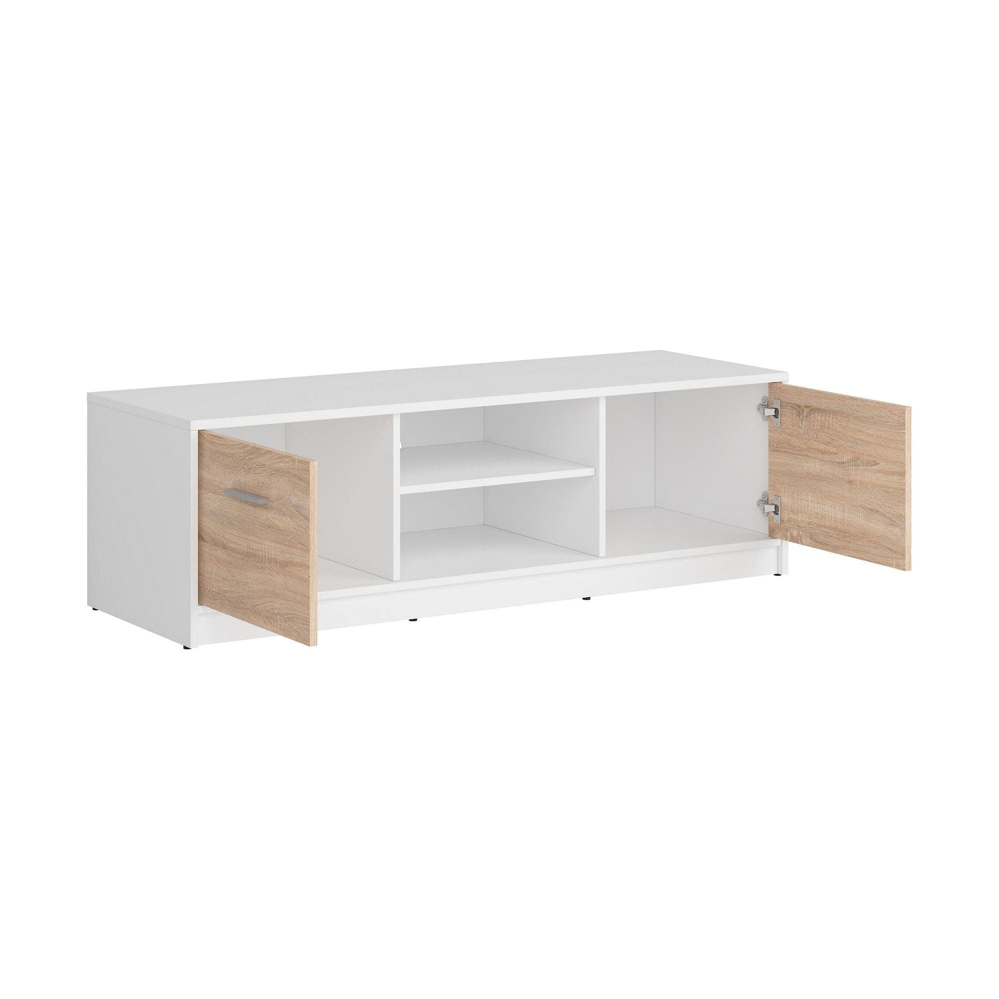 Comoda TV NEPO PLUS, alb/stejar sonama, PAL, 139x47x43 cm