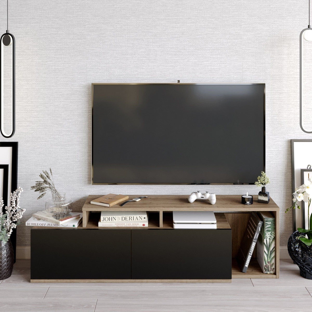 Comoda TV Nexera, negru/nuc, PAL melaminat, 150x35x43 cm
