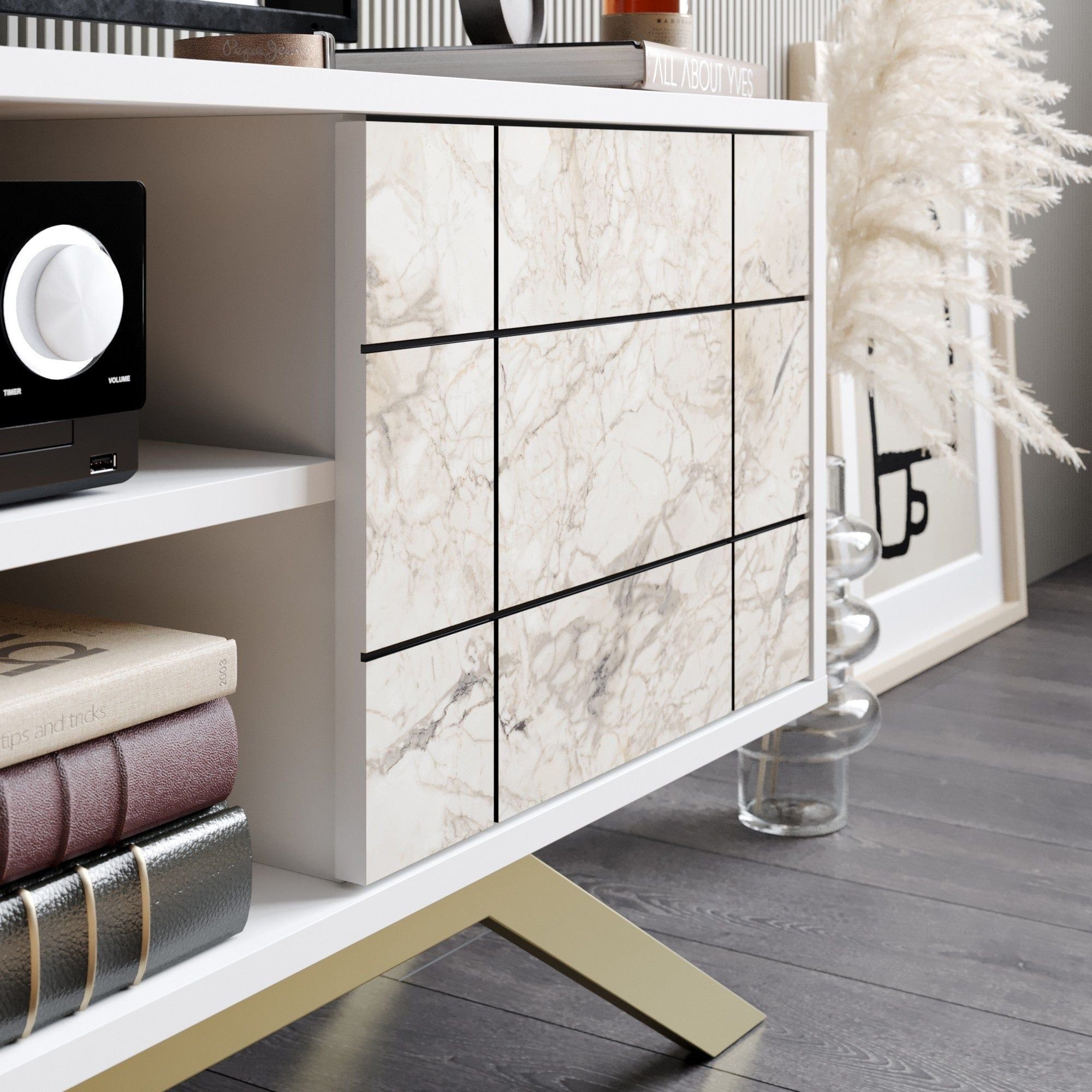 Comoda TV NORTH, alb/auriu, PAL melaminat, 130x59x39 cm