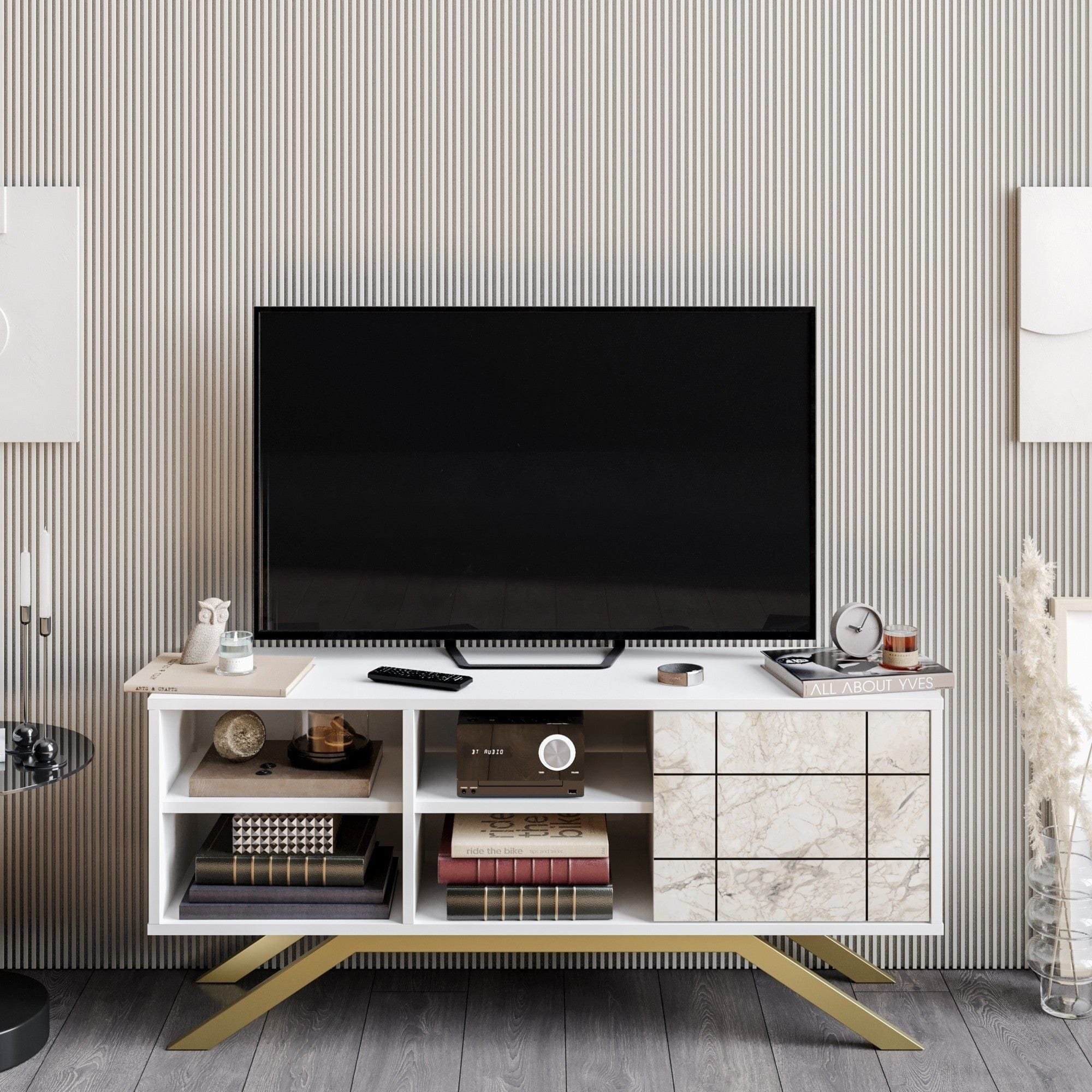 Comoda TV NORTH, alb/auriu, PAL melaminat, 130x59x39 cm
