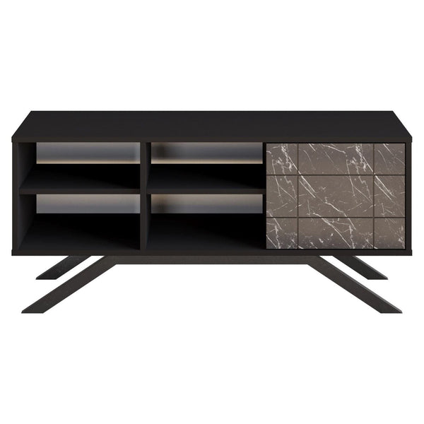 Comoda TV North, negru cu imprimeu marmura, PAL/metal, 130x59x39 cm