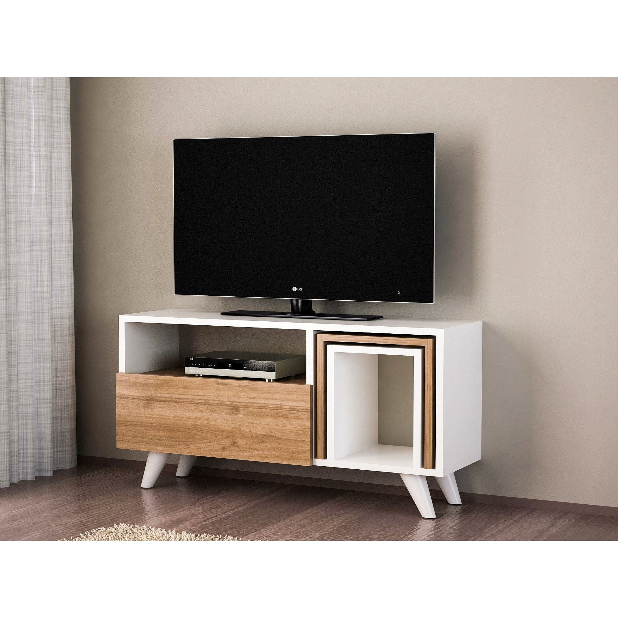 Comoda TV Novella K2, din PAL melaminat, alb/nuc, 90x30x51 cm
