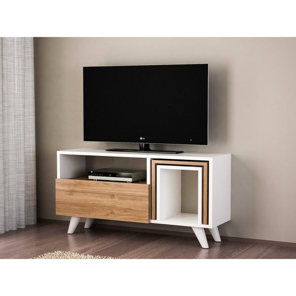 Comoda TV Novella K2, din PAL melaminat, alb/nuc, 90x30x51 cm