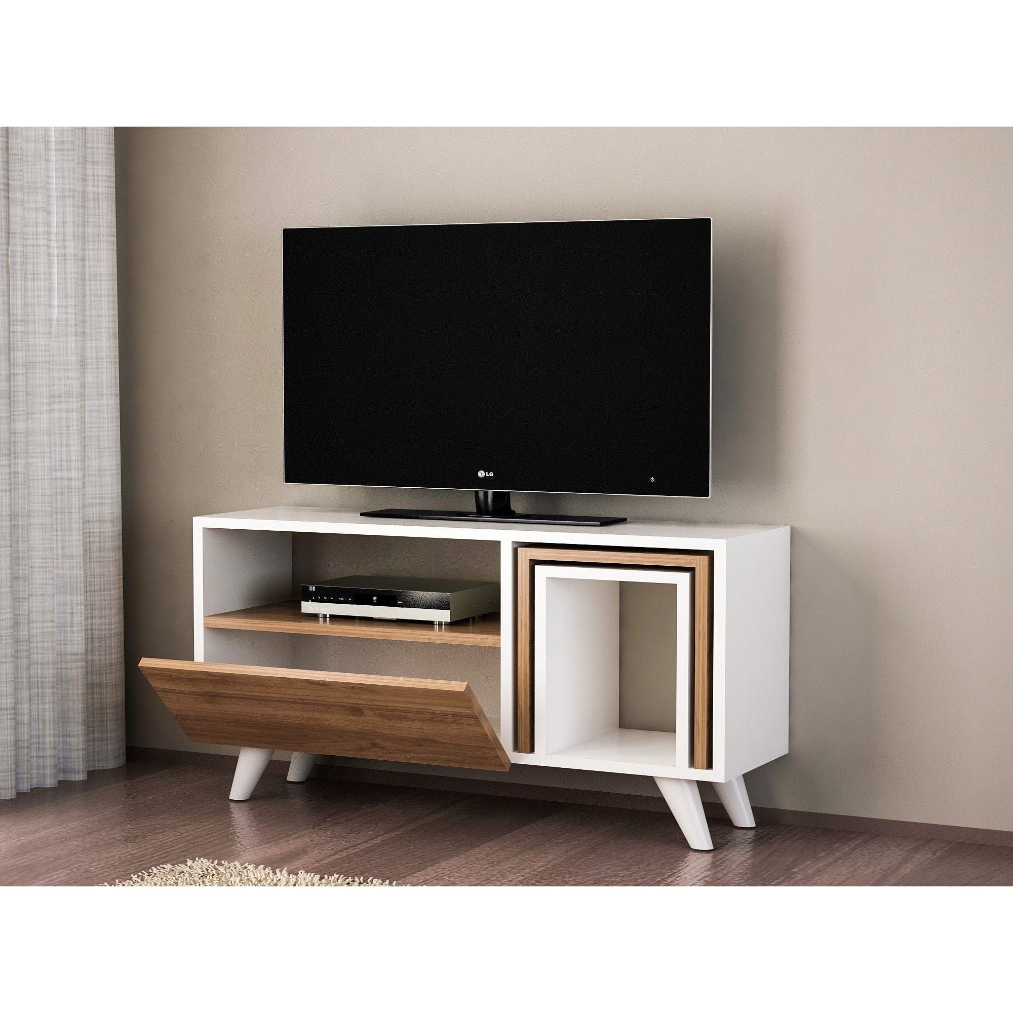 Comoda TV Novella K2, din PAL melaminat, alb/nuc, 90x30x51 cm