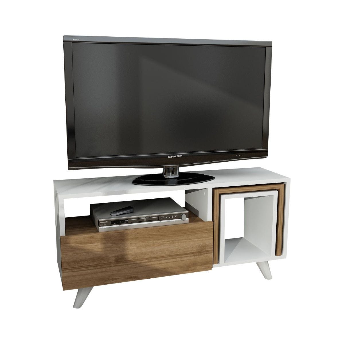 Comoda TV Novella K2, din PAL melaminat, alb/nuc, 90x30x51 cm