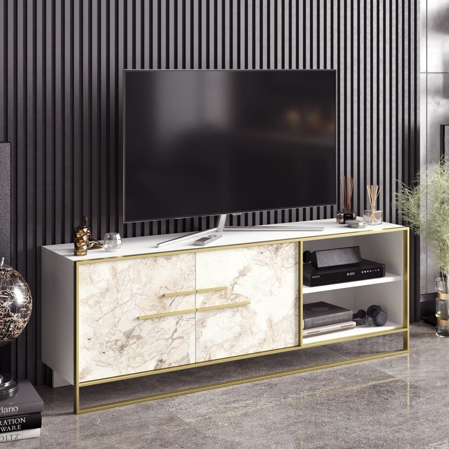 Comoda TV POLKA, alb/auriu, PAL melaminat/metal, 160x39x57 cm