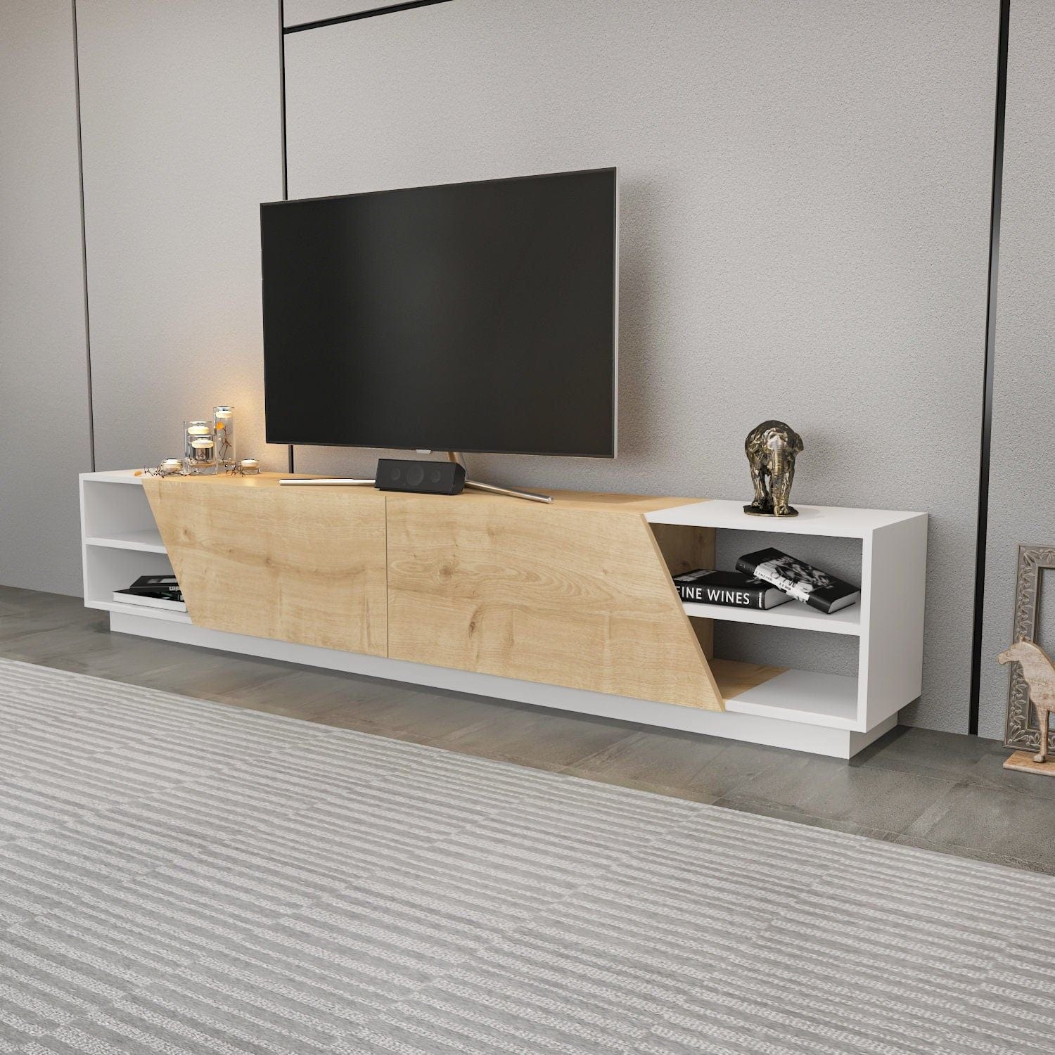 Comoda TV RHODES, alb/stejar, PAL melaminat, 240x37x47 cm