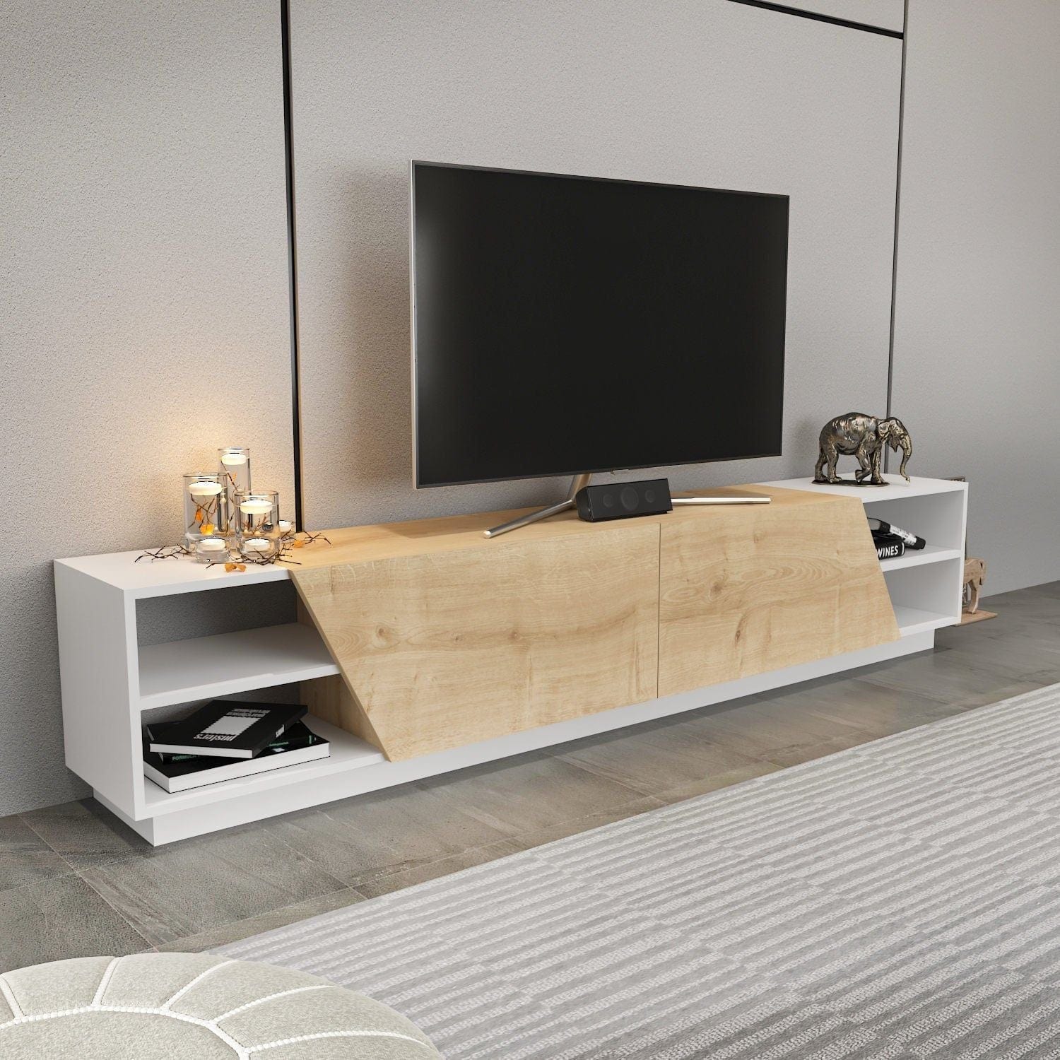 Comoda TV RHODES, alb/stejar, PAL melaminat, 240x37x47 cm