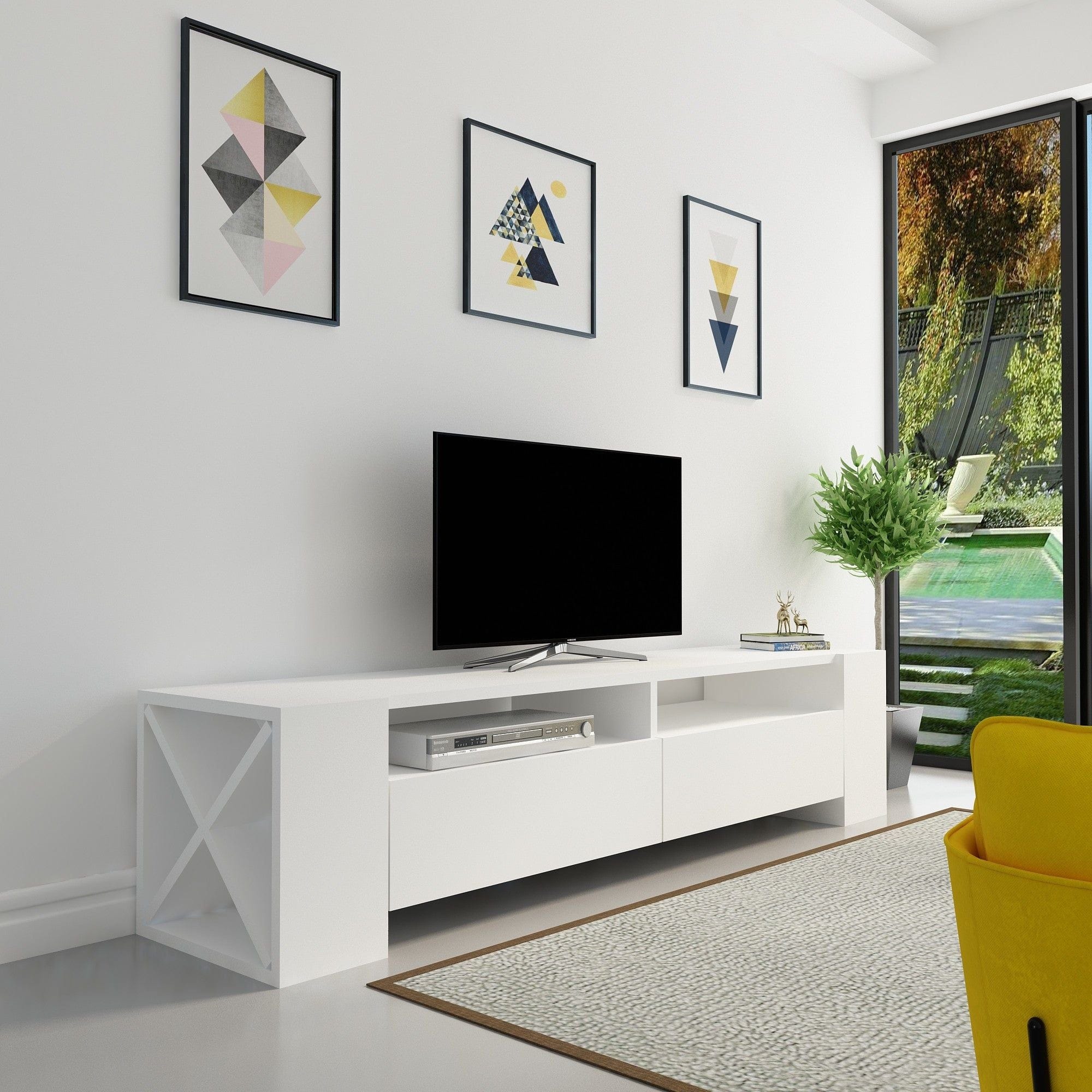 Comoda TV Sosruko, alb, PAL melaminat, 155x35x35 cm
