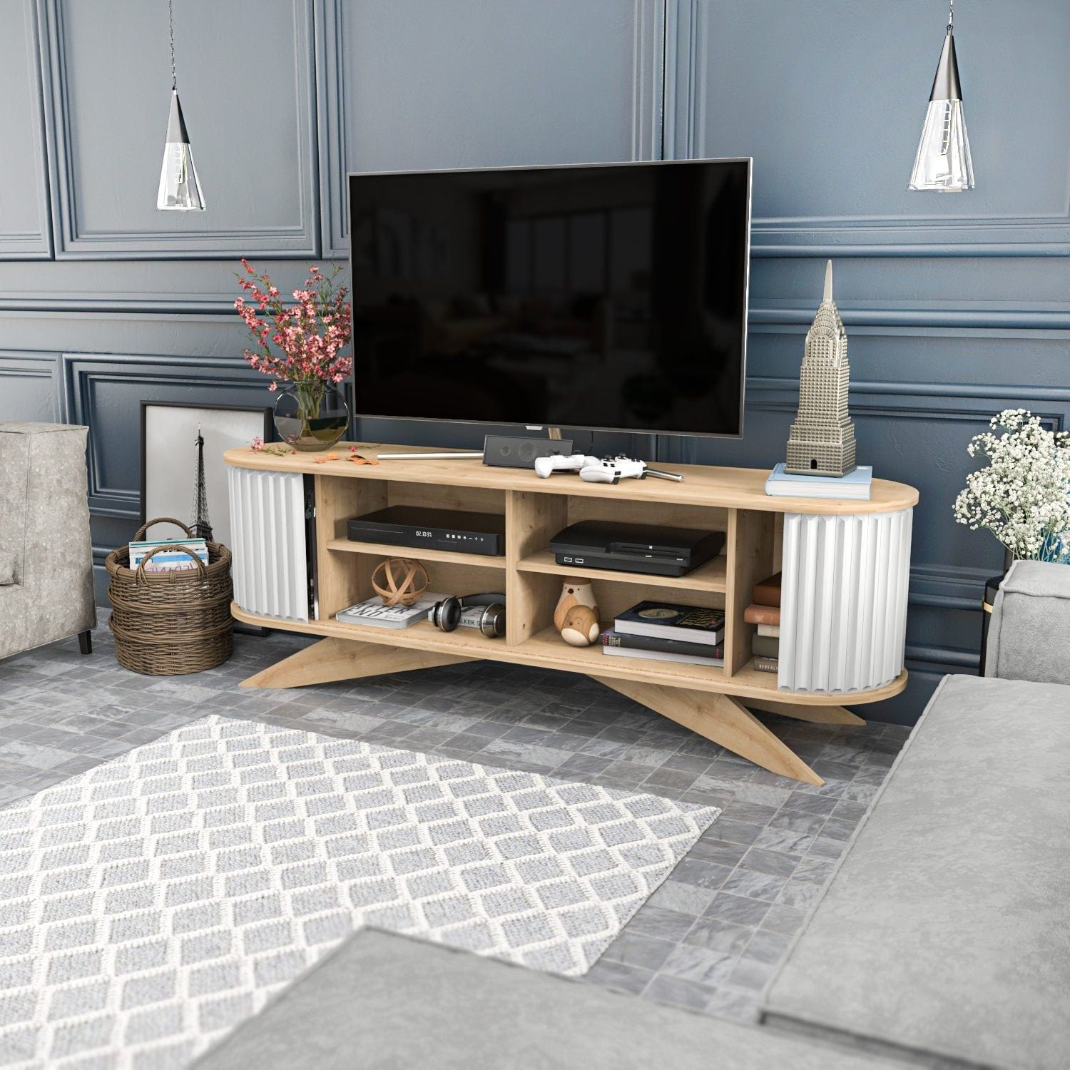 Comoda TV STOR, stejar/alb, PAL melaminat, 180x43x60 cm