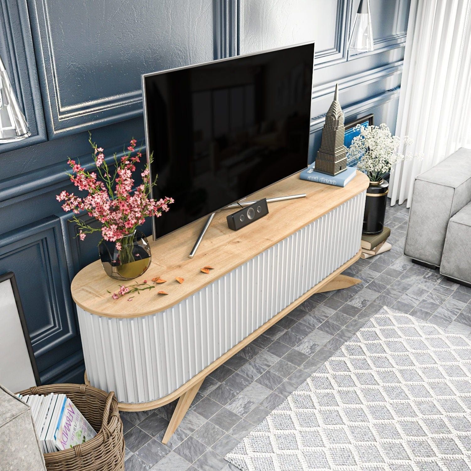 Comoda TV STOR, stejar/alb, PAL melaminat, 180x43x60 cm
